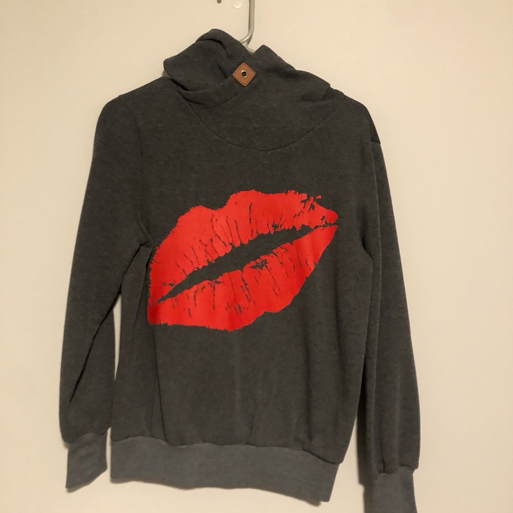 Gray Hoodie with Red Lip Print